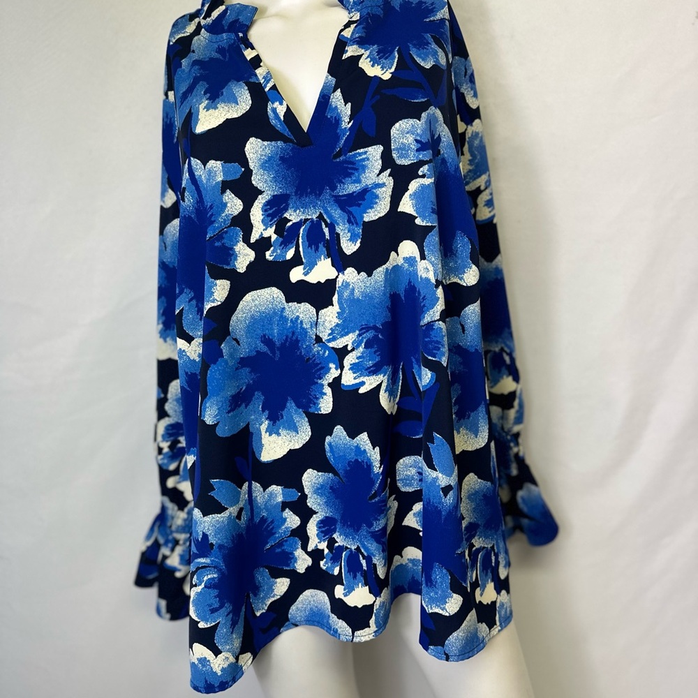 STUNNING STUDIO PARK BRAND 3X MULTICOLORED BLOUSE Blue Black White Long Sleeve - Picture 2 of 5